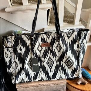 MYRA BAG TRIBAL SPIRIT ADVENTURE WEEKENDER BAG IN BLACK & WHITE FRINGE TOTE